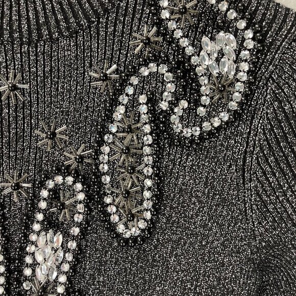 Vintage Size SMALL Beaded Embellished Small-Rib Crystal Sparkly Silver Sweater - Picture 10 of 11